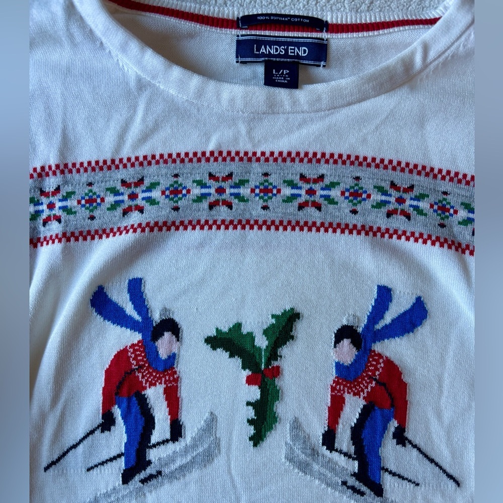 Lands' End Nordic Print Festive Sweater, Skiing Design. White. Size L (14/16) - Picture 2 of 9
